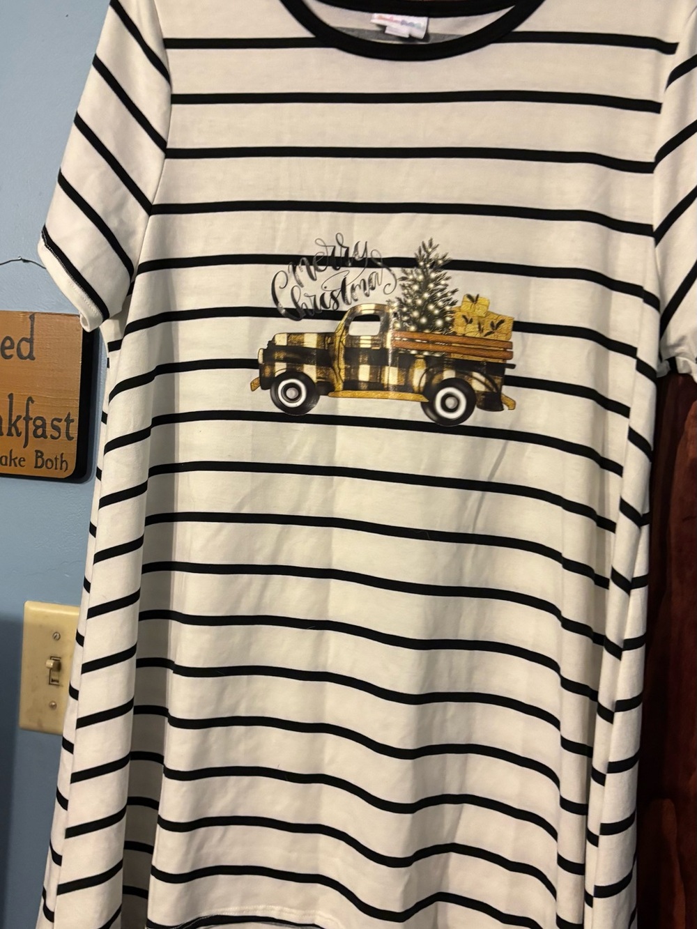 LuLaRoe Black and White Striped Tee with Gold Plaid Truck Graphic